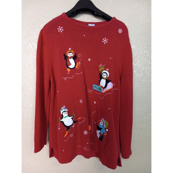Holiday Edition Red penguins pullover Sweater size XL - Picture 1 of 5